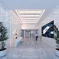 Modern Laboratory Entrance Hall With Glass Doors Marble Walls And Digital Display Screens