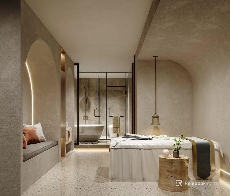 Elegant Spa Room With Massage Bed Relaxation Area And Bathtub 3d model 