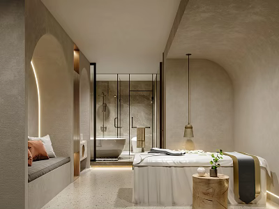 Elegant Spa Room With Massage Bed Relaxation Area And Bathtub 3d model