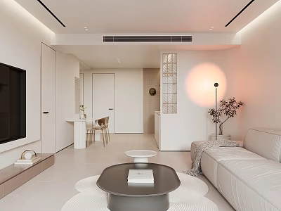 Modern Living and Dining Room Interior With White Sofa Coffee Table And Dining Chairs 3d model