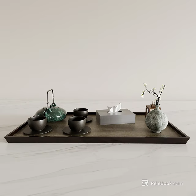 Modern Elegant Tea Set on Wooden Tray with Green Teapot Dark Teacups Vase on Marble Countertop 3d model 