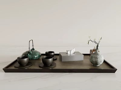 Modern Elegant Tea Set on Wooden Tray with Green Teapot Dark Teacups Vase on Marble Countertop 3d model