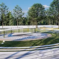 Scenic Park Landscape With Lush Trees Yellow Pathways Circular Fountain And Green Lawns