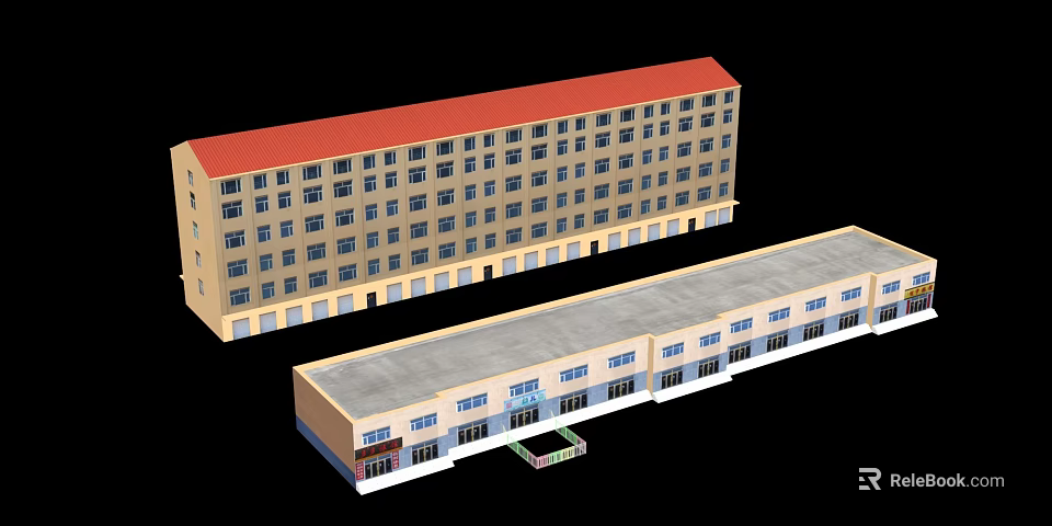 Yellow Multi story Residential Building With Red Roof And Numerous Windows 3d model 