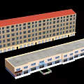 Yellow Multi story Residential Building With Red Roof And Numerous Windows