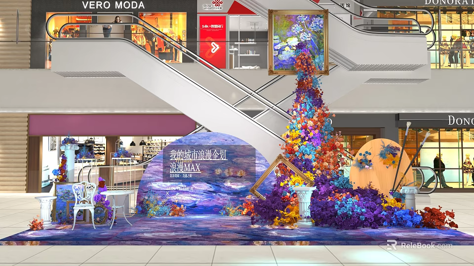 Ocean Themed Floral Installation In Mall With Vibrant Colors 3d model 