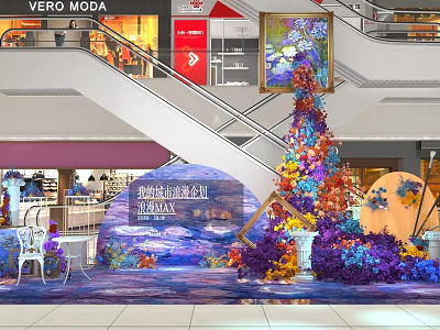 Ocean Themed Floral Installation In Mall With Vibrant Colors 3d model