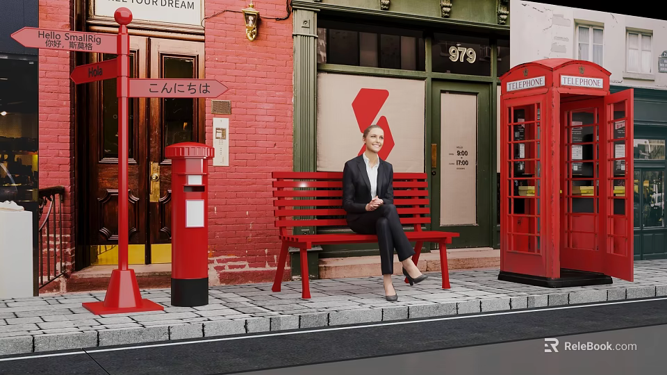 Woman Sitting On Red Bench Near Red Telephone Booth And Postbox By Brick Building 3d model 