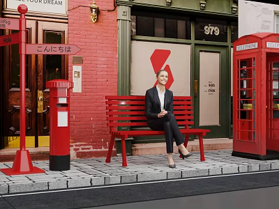 Woman Sitting On Red Bench Near Red Telephone Booth And Postbox By Brick Building 3d model