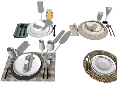 Modern Stylish Dinnerware Set With Ceramic Plates Glass Cups Metal Utensils And Linen Placemats 3d model