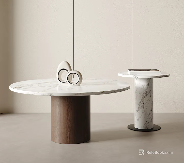 Modern Round Marble Coffee Table Design With Wooden Base And Marble Side Table 3d model