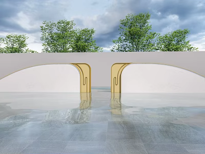Modern Scenic Wall With Arched Design Golden Door Frames Water Reflection And Surrounding Trees 3d model
