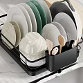 Black Kitchen Dish Rack With Plates Bowls Spoons Near Sink On Marble Countertop