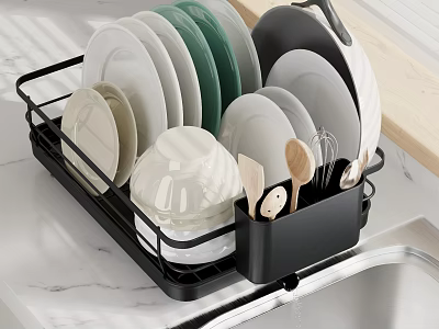Black Kitchen Dish Rack With Plates Bowls Spoons Near Sink On Marble Countertop 3d model