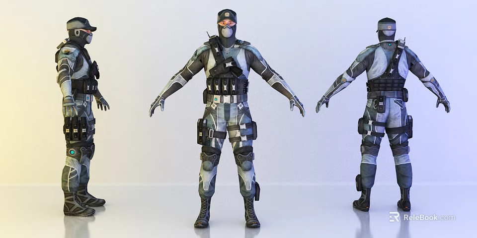 Man in Camouflage Combat Uniform With Tactical Gear And Goggles Displayed From Multiple Angles 3d model 