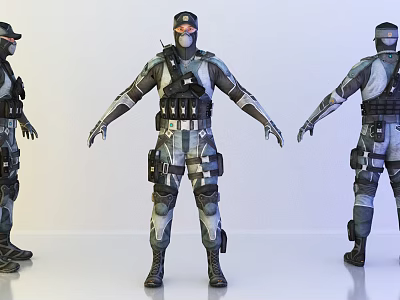 Man in Camouflage Combat Uniform With Tactical Gear And Goggles Displayed From Multiple Angles 3d model