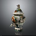 Colorful Ceramic Jar With Bird Shaped Lid And Floral Patterns For Home Decor
