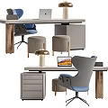 Modern Desk Interior With Ergonomic Chair Laptop And Gray Drawer Cabinet Stools