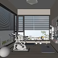 Home Entertainment Room Interior With Exercise Bike Yoga Mat Large Windows Blinds And City View