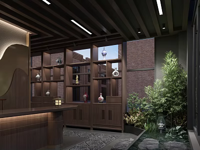 Modern Beauty Hair Salon Interior With Wooden Display Shelves Front Desk And Green Plants 3d model