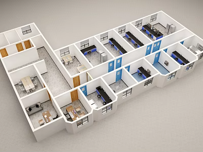 Birds Eye View of Modern Building Floor Plan with Blue Doors White Walls and Furniture 3d model