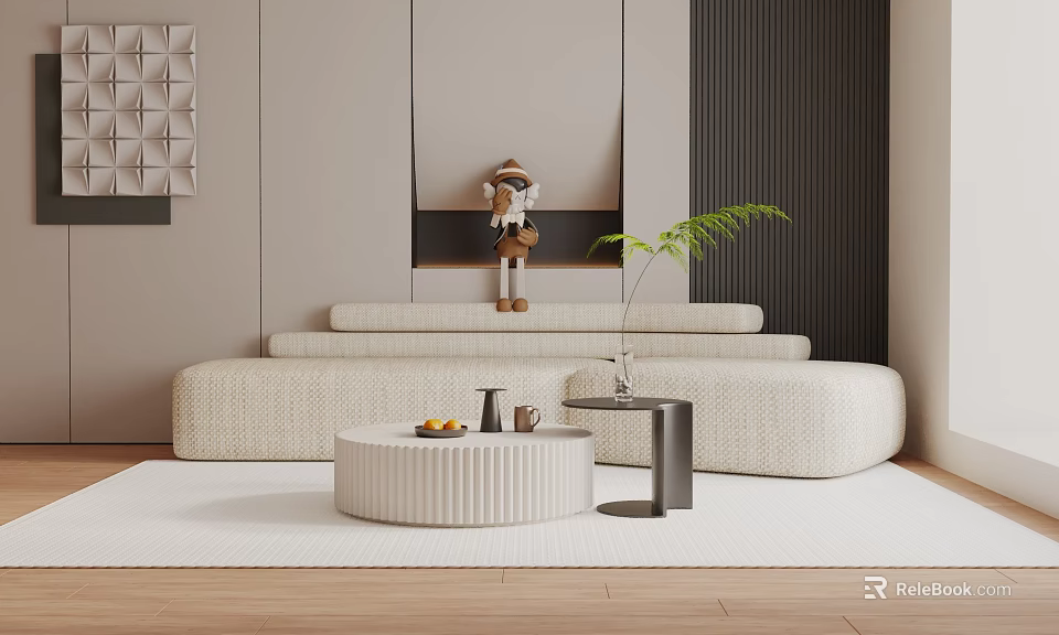 Modern Three Seater Beige Sofa With Round Coffee Table Green Plant And Area Rug 3d model 