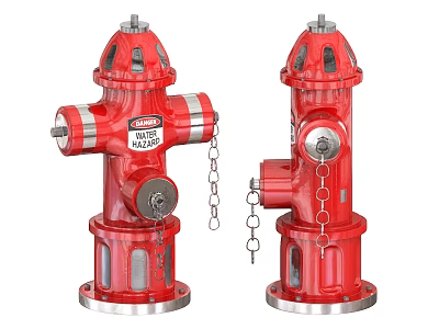Red Fire Hydrants With Chains And Valves For Fire Safety Equipment 3d model