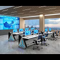 Modern High Tech Control Room With Multiple Consoles Blue Lighting And City View Windows 3d model