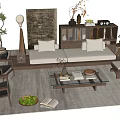 Elegant Modern Sofa And Coffee Table Set With Pillows Decorative Plants And Wooden Shelf
