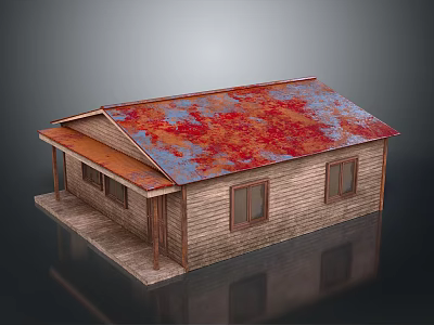 Rustic Small Wooden House With Rusty Red And Blue Roof Wooden Siding And Windows 3d model