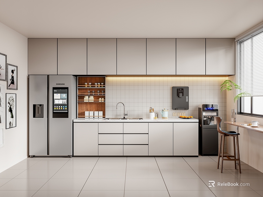 Modern Tea Room Interior Featuring Cabinets Countertop Sink Appliances Window And Plant 3d model 