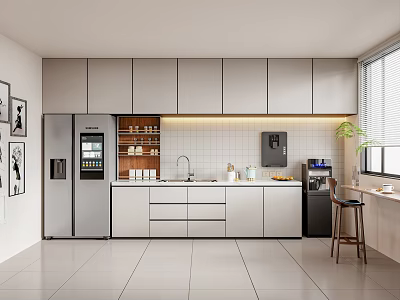 Modern Tea Room Interior Featuring Cabinets Countertop Sink Appliances Window And Plant 3d model