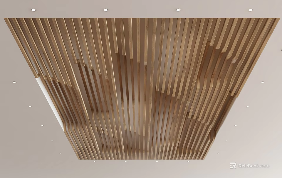Modern Wooden Slat Ceiling Design With Recessed Lighting And Unique Pattern 3d model 