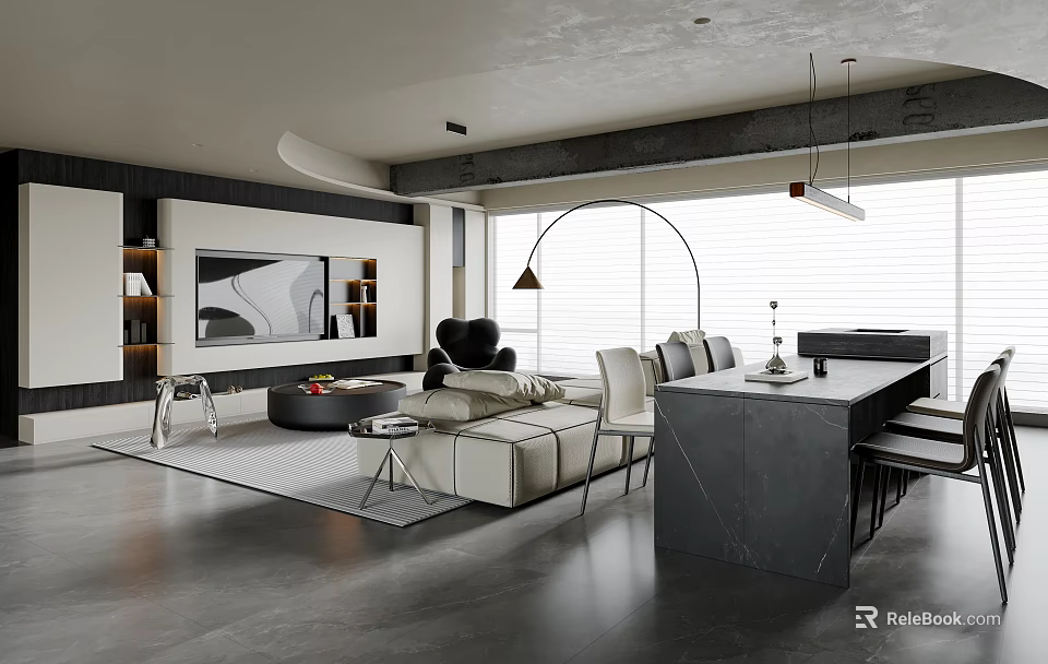 Modern Living and Dining Room Interior With Open Concept Sofa Coffee Table And Large Windows 3d model 