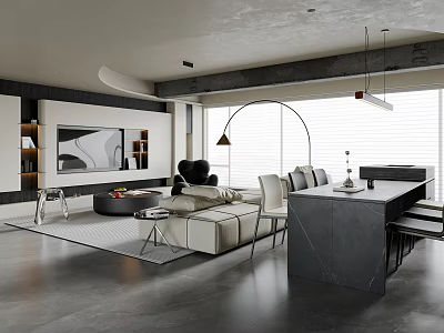 Modern Living and Dining Room Interior With Open Concept Sofa Coffee Table And Large Windows 3d model