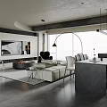 Modern Living and Dining Room Interior With Open Concept Sofa Coffee Table And Large Windows