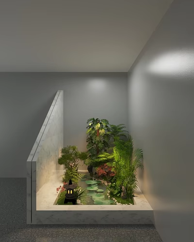Tranquil Residential Landscape Featuring Staircase Lush Green Plants Small Pond and Soft Lighting 3d model
