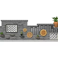 Grey Brick Garden Feature Wall With Windows Circular Decorations And Potted Plants 3d model