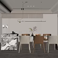 Elegant Modern Restaurant Interior With Open Layout Dining Table Marble Counter And Pendant Lights 3d model