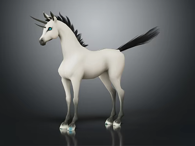 White Unicorn with Black Mane and Tail Blue Eyes on Dark Background with Reflection 3d model