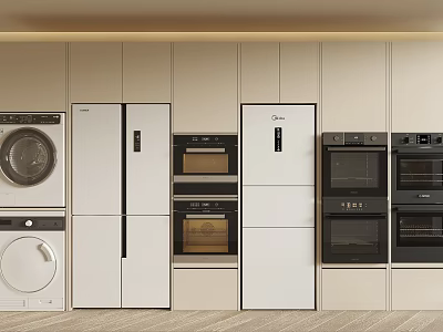 Modern Kitchen With Well Organized Built In Appliances Including Refrigerator Oven And Washing Machine 3d model