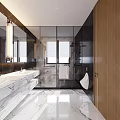Modern Bathroom Interior With Marble Countertop Double Vanity Glass Shower And Lighting