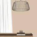 Cream Colored Pendant Light With Vertical Stripes Hanging Near White Curtains And Light Colored Wall