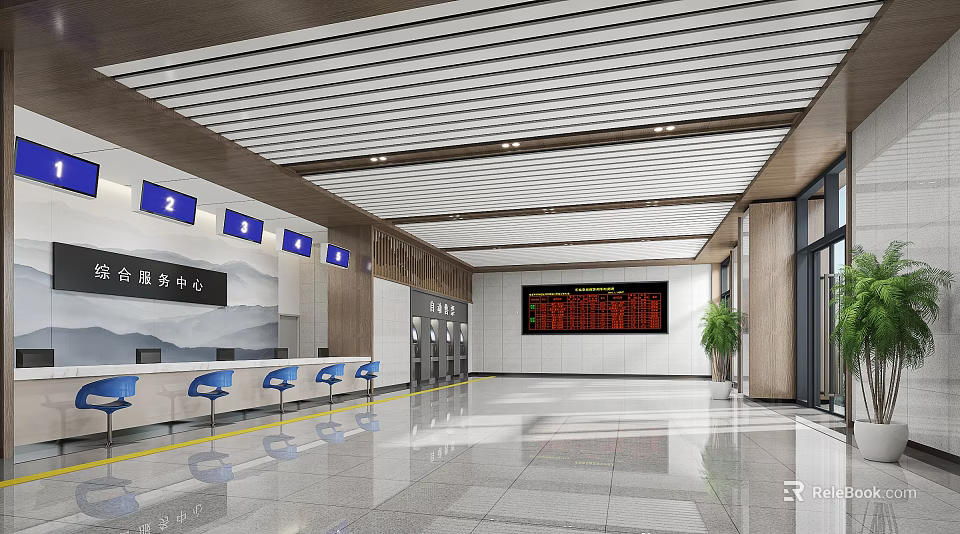 Modern Service Hall Interior Design With Service Counters Seats And Digital Displays 3d model 