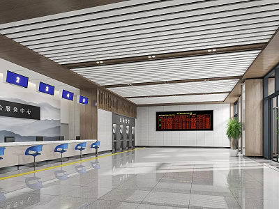 Modern Service Hall Interior Design With Service Counters Seats And Digital Displays 3d model