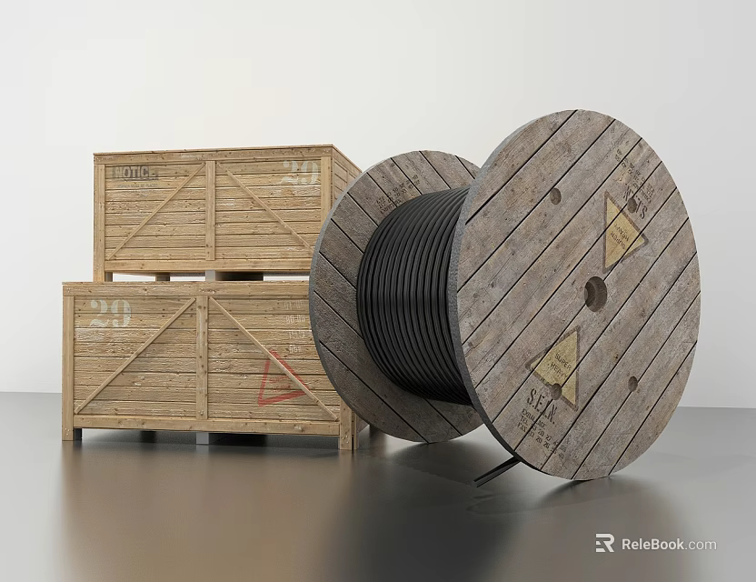 Industrial Cable Reel With Wooden Spool And Stacked Wooden Crates 3d model 