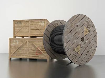 Industrial Cable Reel With Wooden Spool And Stacked Wooden Crates 3d model
