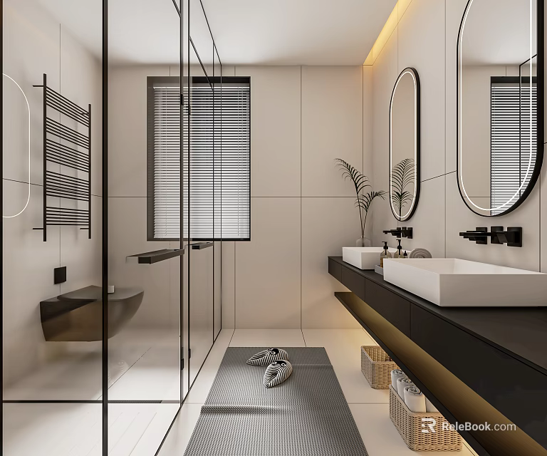 Modern Bathroom Interior With Glass Shower White Walls Round Mirror Double Sinks And Potted Plant 3d model 