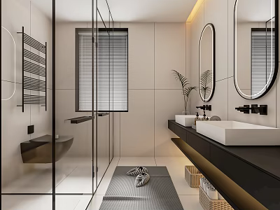 Modern Bathroom Interior With Glass Shower White Walls Round Mirror Double Sinks And Potted Plant 3d model