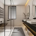 Modern Bathroom Interior With Glass Shower White Walls Round Mirror Double Sinks And Potted Plant